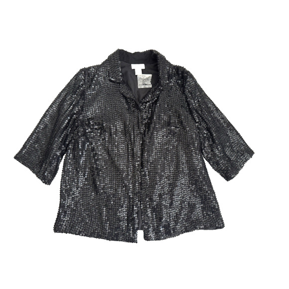 Lew Magram Black Sequins Evening Jacket XL 1-Button 3/4 Sleeves Lined Festive - Picture 2 of 10